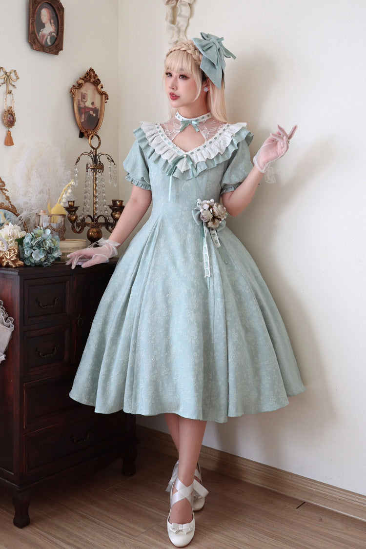 Green Short Sleeves Ruffle Bowknot Sweet Princess Lolita Dress - Green - 1