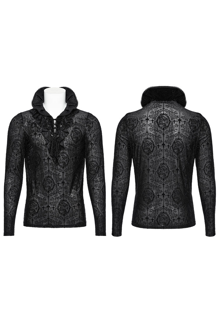 Black Stand Collar Long Sleeves Print Ruffle Men's Gothic Blouse - Product - 5