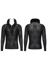 Black Stand Collar Long Sleeves Print Ruffle Men's Gothic Blouse - Product - 5