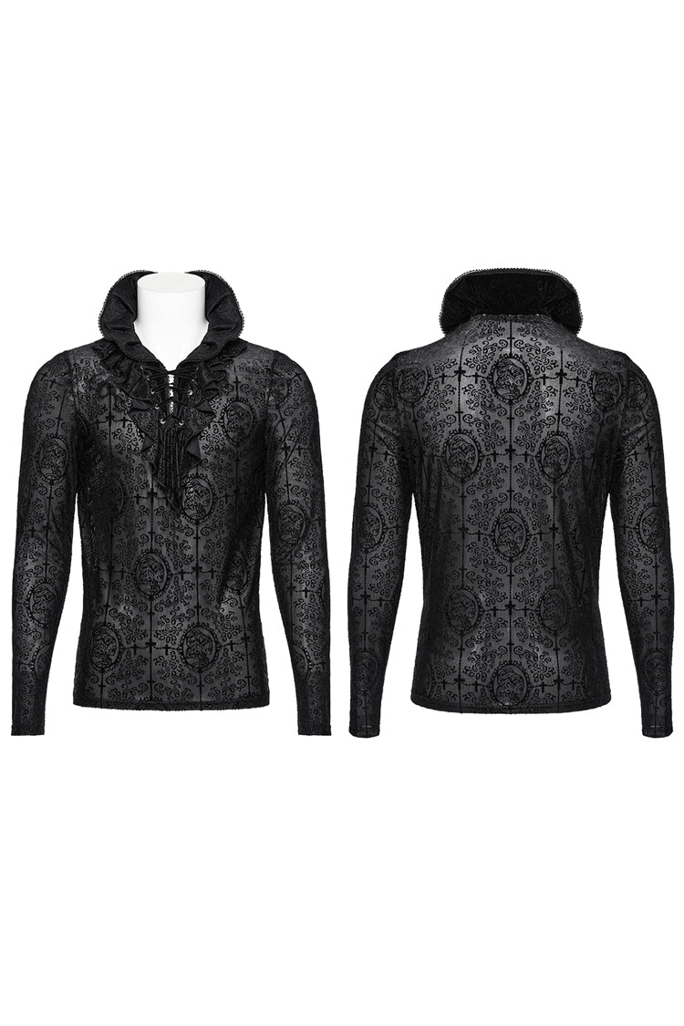 Black Stand Collar Long Sleeves Print Ruffle Men's Gothic Blouse - Product - 5