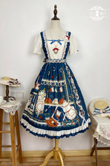 Dark Blue [Tea Party] Short Sleeves Print Ruffle Bowknot Lace Sweet Elegant Lolita Dress - Product - 5