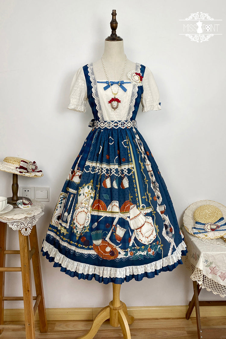 Dark Blue [Tea Party] Short Sleeves Print Ruffle Bowknot Lace Sweet Elegant Lolita Dress - Product - 5