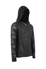 Black Collar Metal Button Irregular Striped Patchwork Bandage Hooded Men's Punk T-Shirt - Product - 8