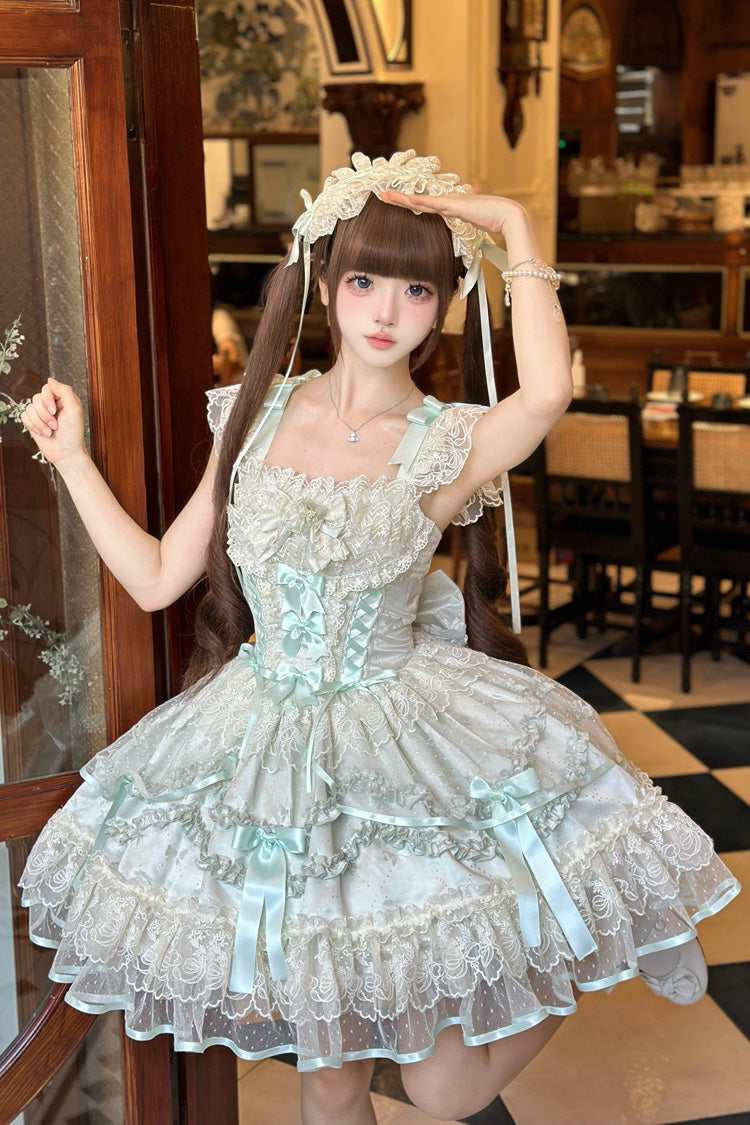 Light Green [Dreaming Butterfly] Multi-Layered Jacquard Ruffle Bowknot Lace Sweet Princess Lolita Jsk Dress - Product - 5