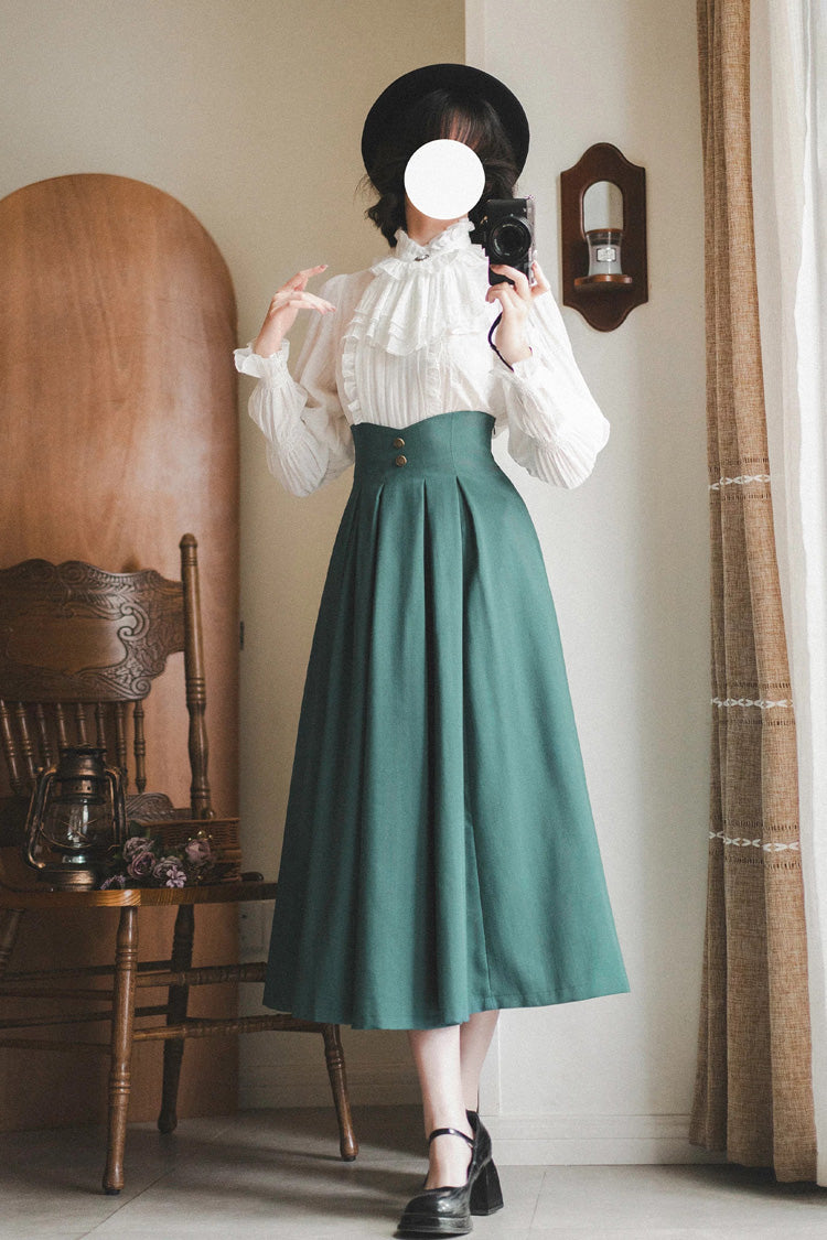 White [Misty Forest] Stand Collar Long Sleeves Ruffled Sweet Vintage Elegant Lolita Blouse - Product - 4