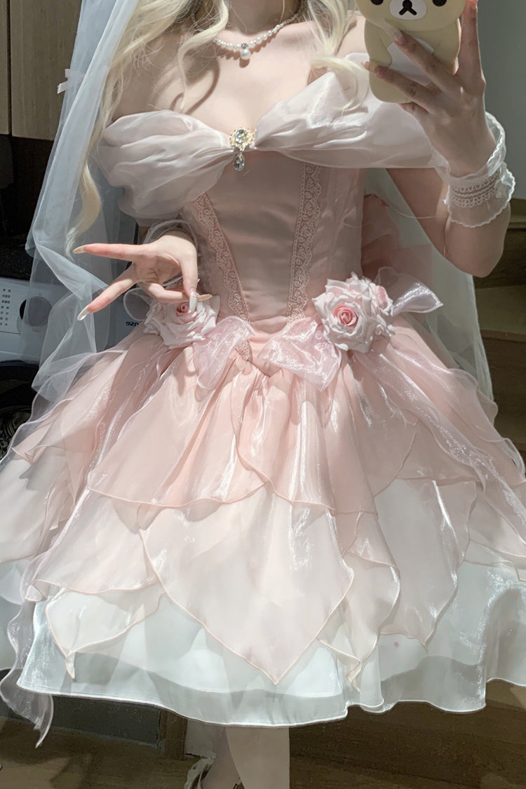 [Heartbeat] Off Shoulder Multi-Layered Ruffle Bowknot Lace Princess Gorgeous Dream Sweet Lolita Dress 2 Colors - Product - 6