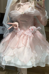[Heartbeat] Off Shoulder Multi-Layered Ruffle Bowknot Lace Princess Gorgeous Dream Sweet Lolita Dress 2 Colors - Product - 6