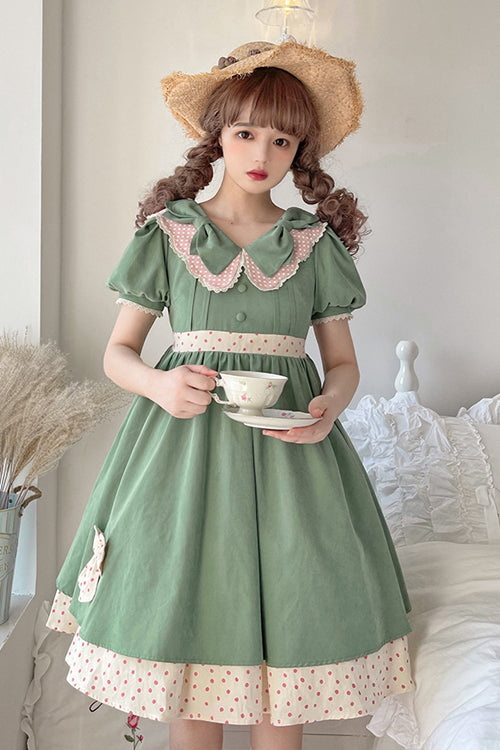Green Peter Pan Collar Bowknot Short Sleeves Sweet Lolita OP Dress - Product - 3