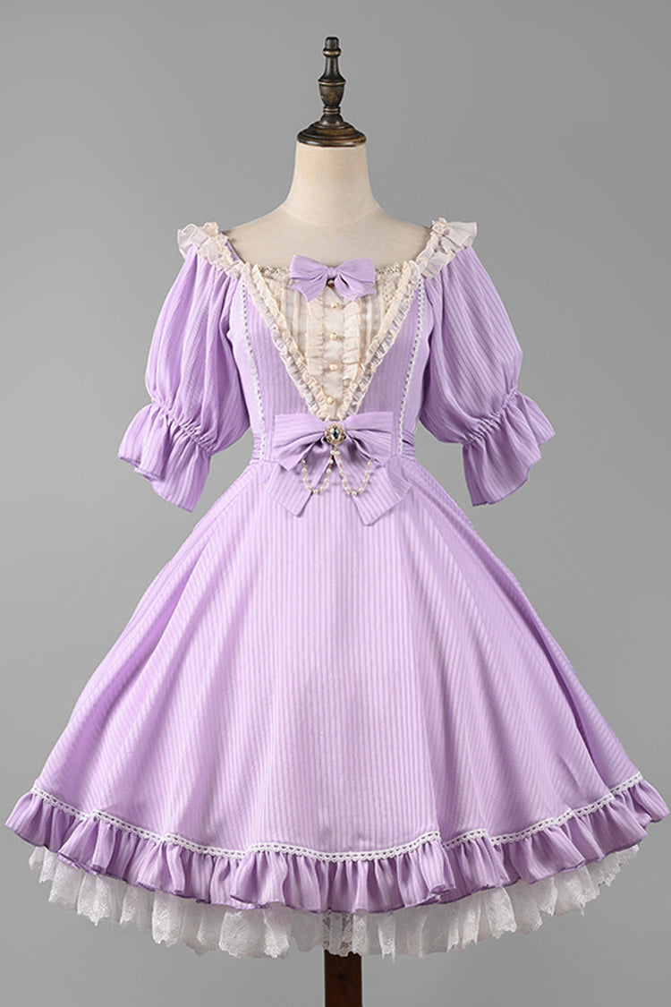 Midsummer Galaxy Solid Color Short Sleeves Ruffle Bowknot Sweet Lolita OP Dress - Purple - 3