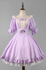 Midsummer Galaxy Solid Color Short Sleeves Ruffle Bowknot Sweet Lolita OP Dress - Purple - 3