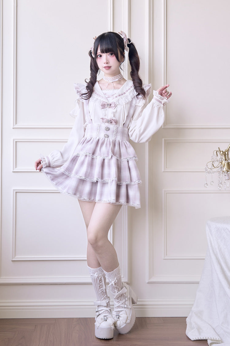 Pink Triple-Layered Plaid Print Ruffle Sweet Jirai Kei Japanese Strap Dress - Product - 3