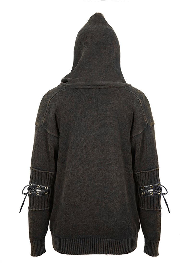 Brown Worn-Out Long Sleeve Elbow Leather Strip Lace-Up Hooded Coarse Knit Men's Punk Sweater - Product - 7