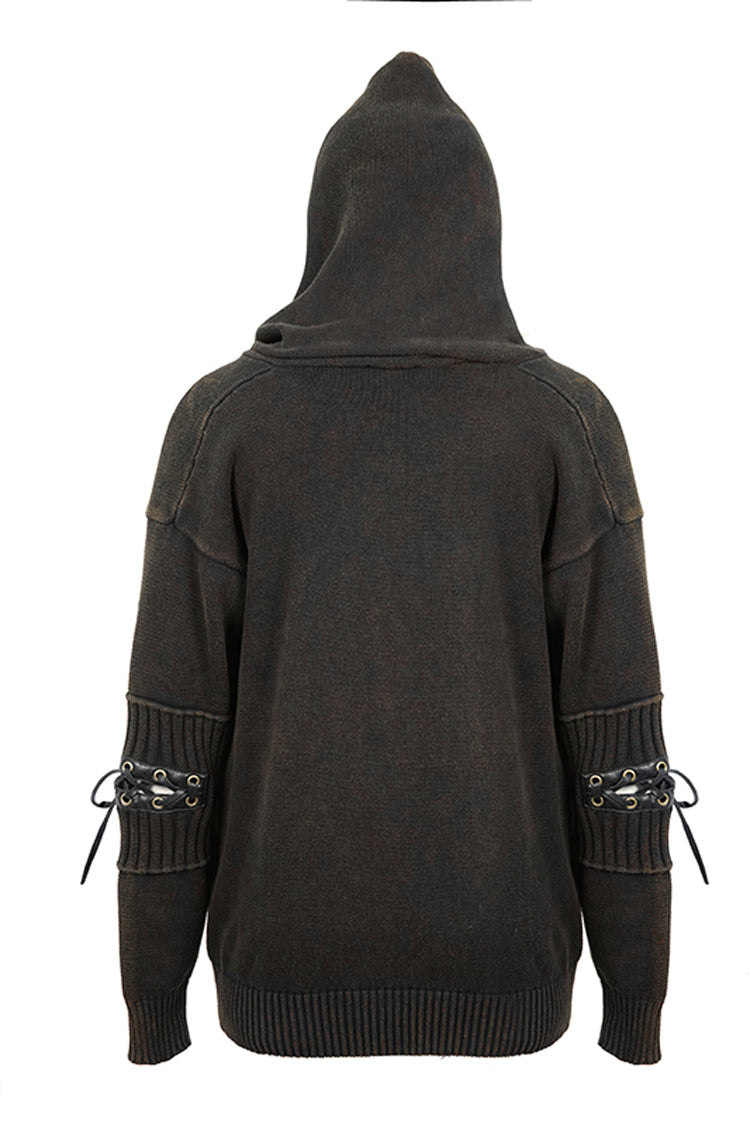 Brown Worn-Out Long Sleeve Elbow Leather Strip Lace-Up Hooded Coarse Knit Men's Punk Sweater - Product - 7