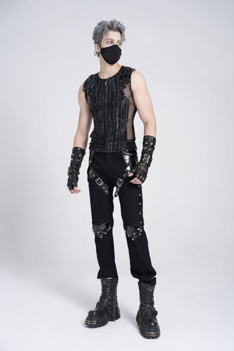 Black Sleeveless Ribbed Print Stitching Mesh Zipper Men's Gothic Vest - Product - 10