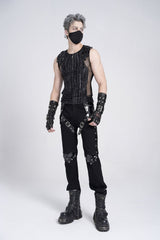 Black Sleeveless Ribbed Print Stitching Mesh Zipper Men's Gothic Vest - Product - 10