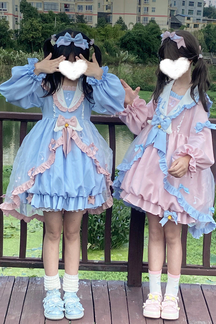 Blue Long Sleeves Music Notes Print Ruffle Bowknot Lace Sweet Lolita Dress - Product - 7