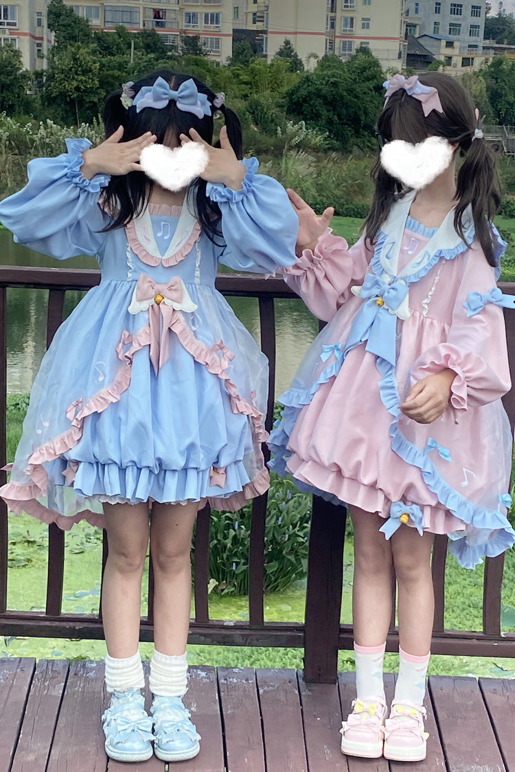 Pink Long Sleeves Music Notes Print Ruffle Bowknot Lace Sweet Lolita Dress - Product - 6