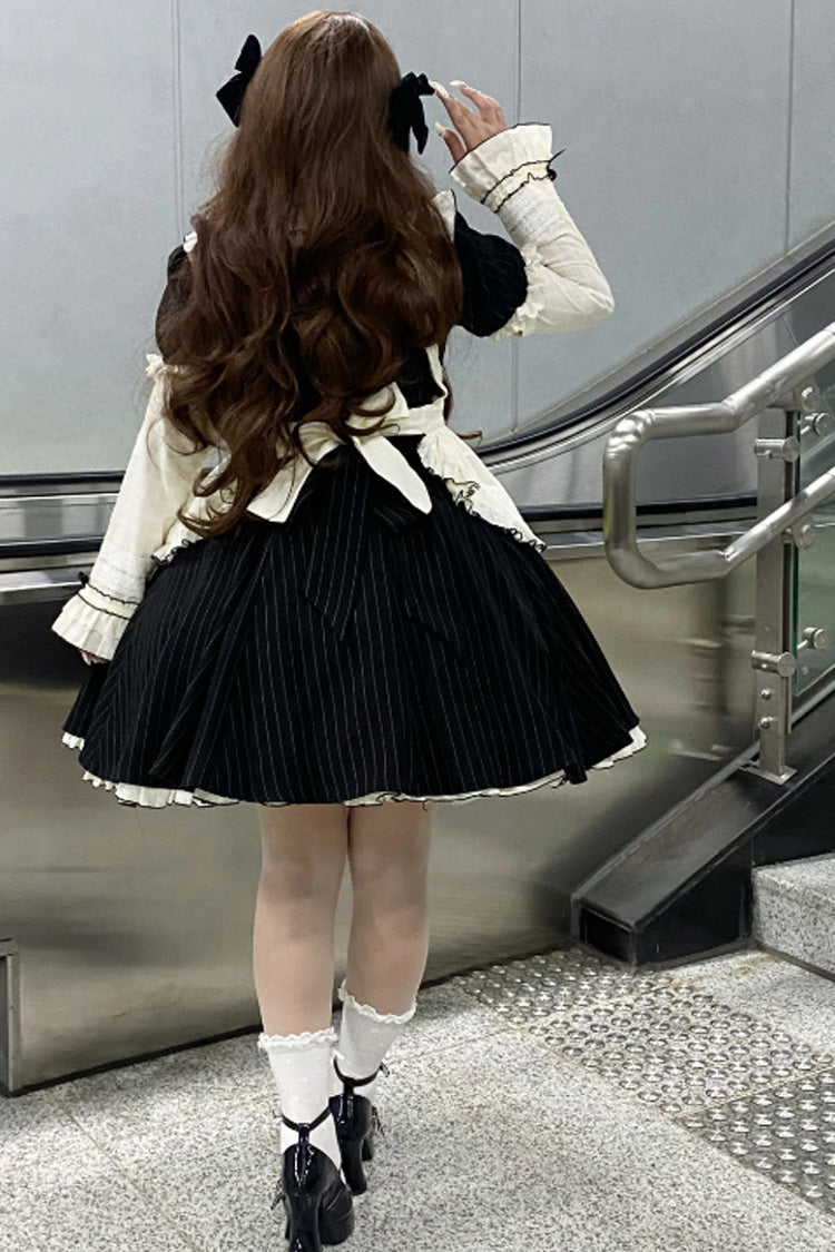 Black Short Sleeves Stripe Print Ruffle Bowknot Sweet Plus Size Maid Lolita Dress - Product - 6