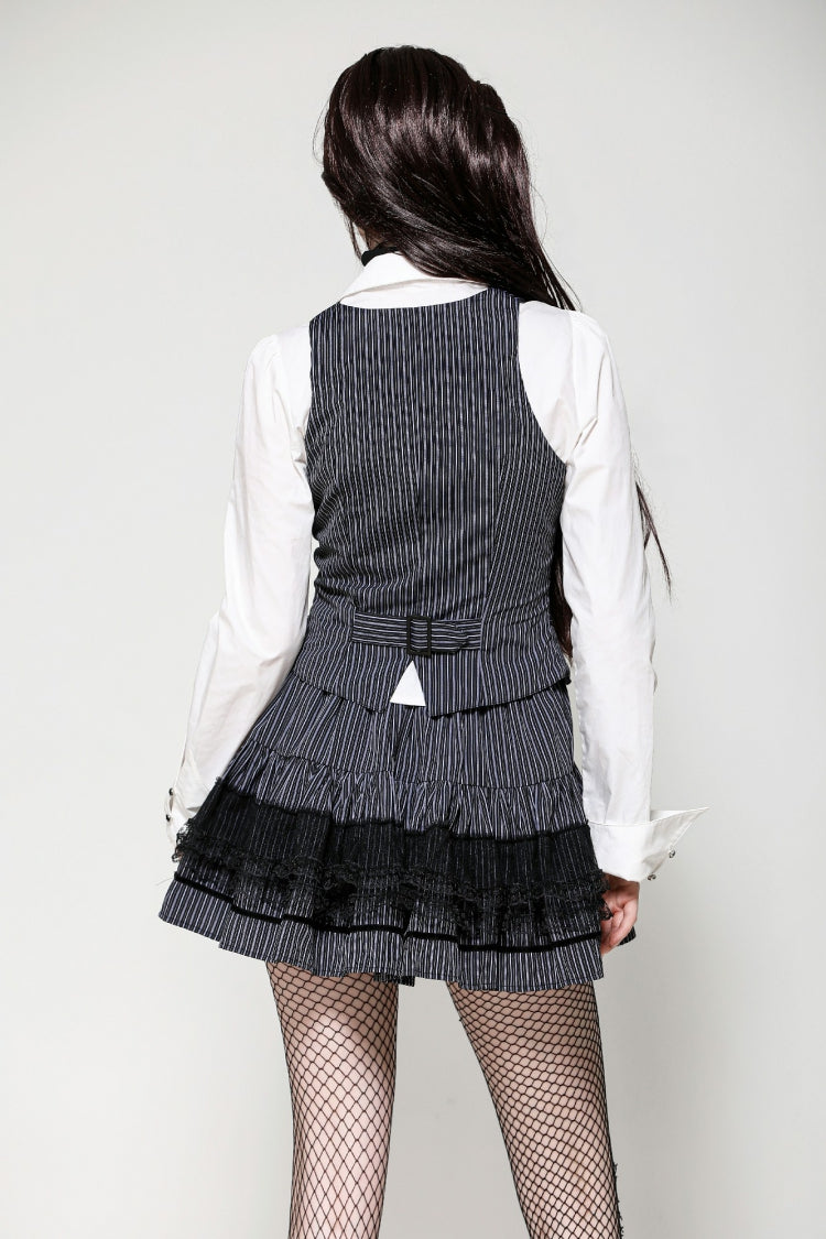 Black/White Striped Buckled Women's Gothic College Style Vest - Product - 4