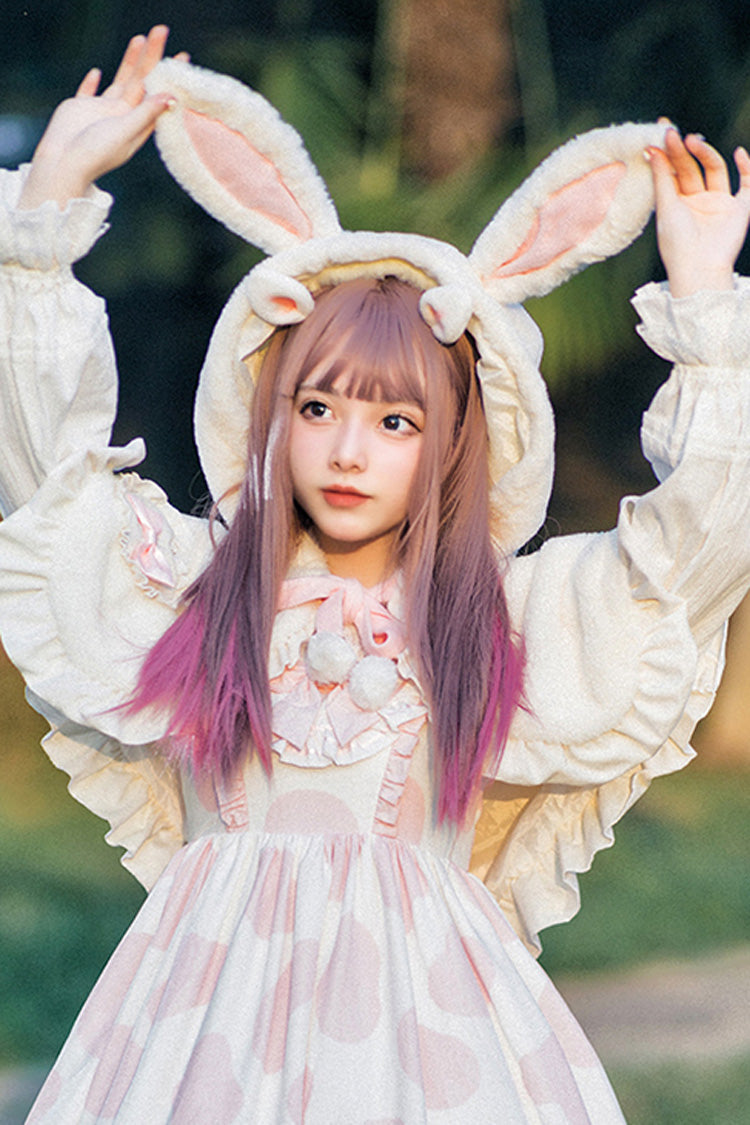 Ivory Plush Bunny Ears Bowknot Sweet Princess Lolita Cloak Coat - Ivory - 1