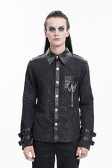 Black Lapel Collar Long Sleeves Buckle Chain Men's Gothic Blouse - Black - 1