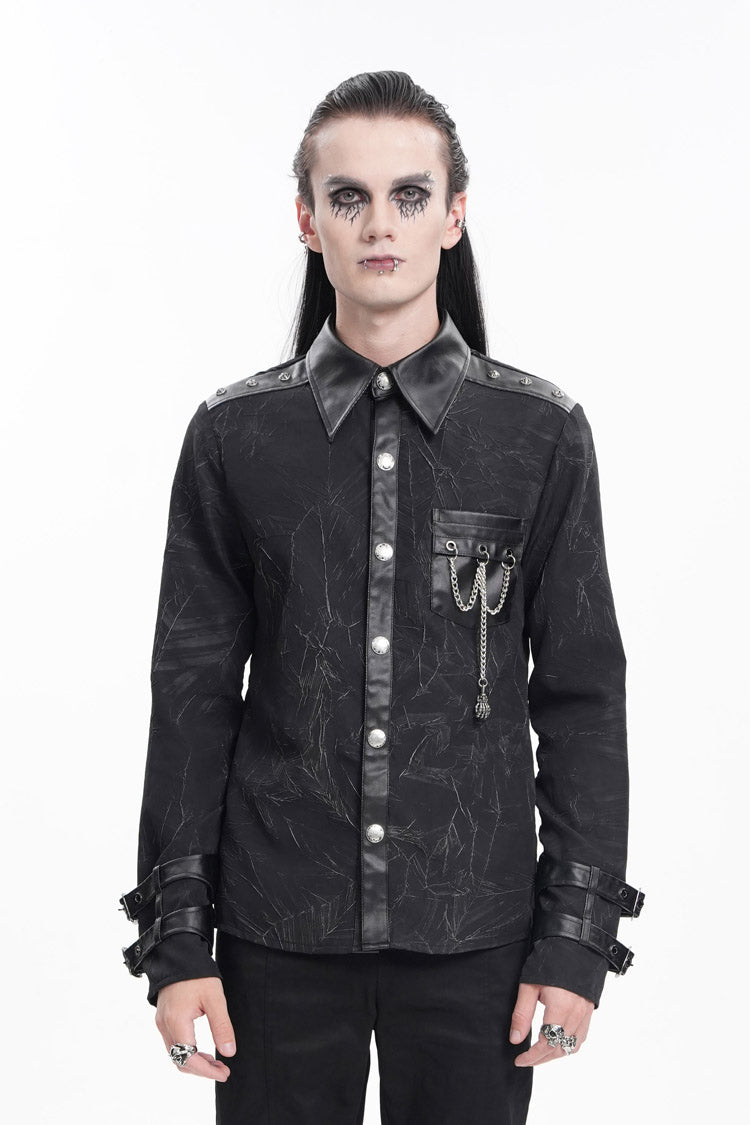 Black Lapel Collar Long Sleeves Buckle Chain Men's Gothic Blouse - Black - 1