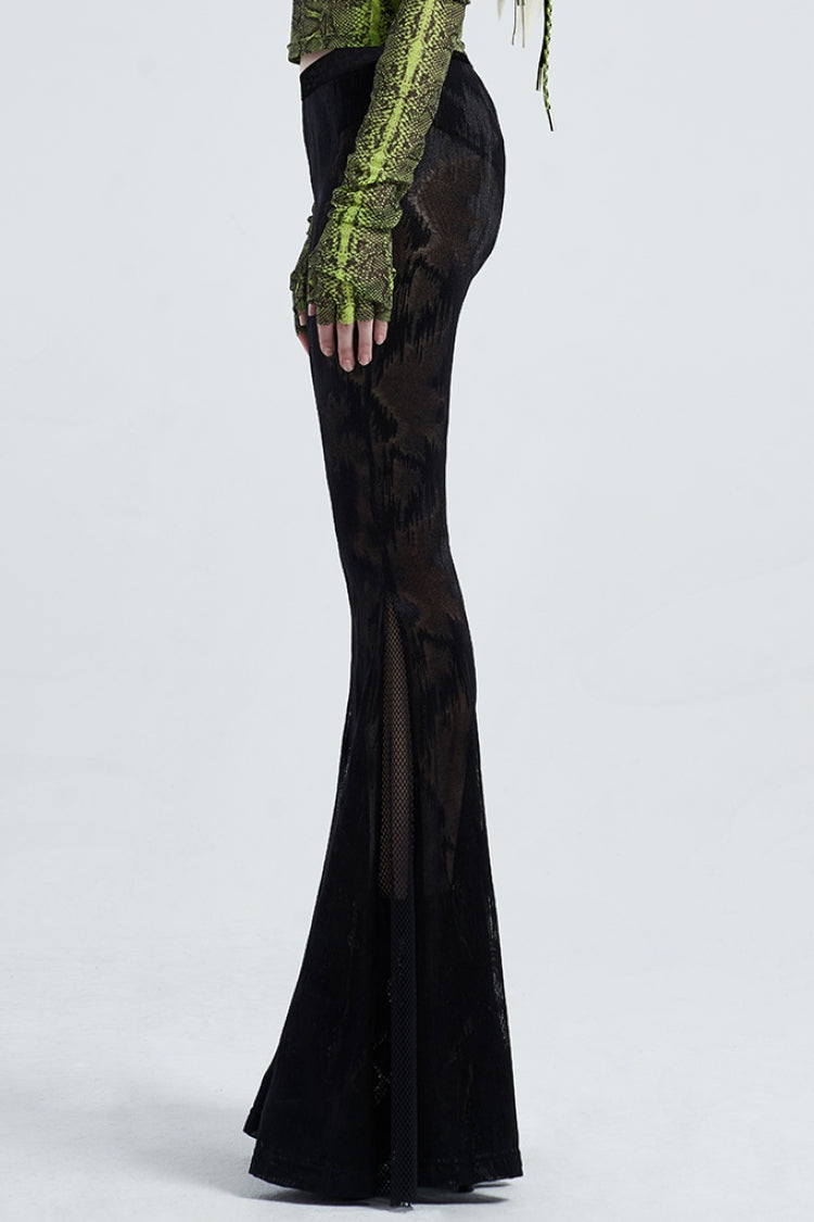 Black Python Print Mesh Women's Gothic Flared Pants - Product - 2