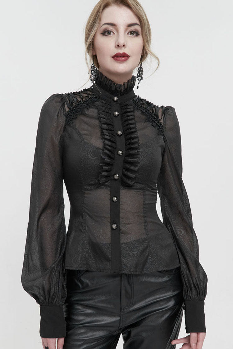 Black Long Sleeve Ruffles On Chest Shoulder Back Tie Detail See-Through Pattern Material Stand Collar Women's Gothic Shirt - Product - 4