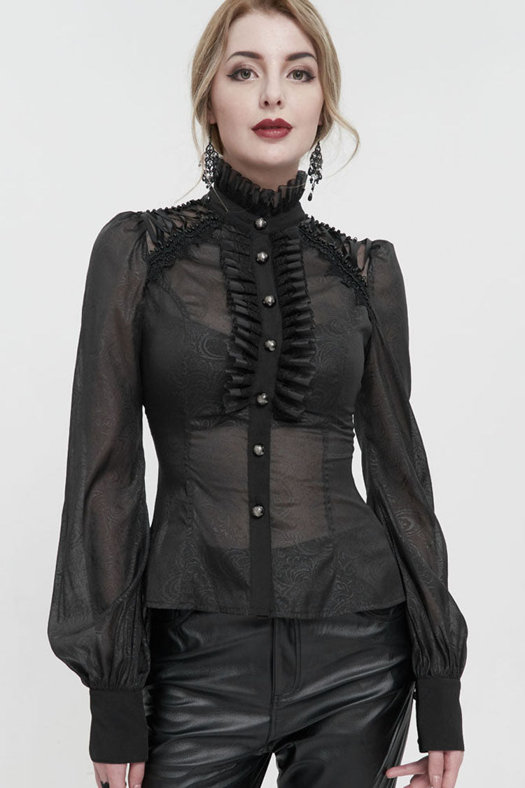 Black Long Sleeve Ruffles On Chest Shoulder Back Tie Detail See-Through Pattern Material Stand Collar Women's Gothic Shirt - Product - 4