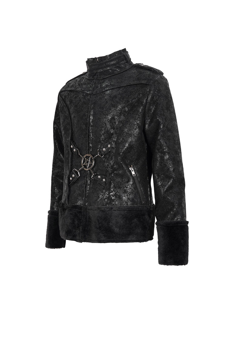 Black Five Pointed Star Decoration Retro Suede Short Plush Men's Punk Coat - Product - 7