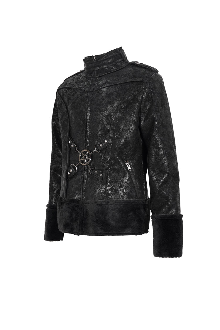 Black Five Pointed Star Decoration Retro Suede Short Plush Men's Punk Coat - Product - 7