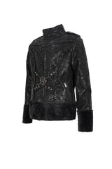Black Five Pointed Star Decoration Retro Suede Short Plush Men's Punk Coat - Product - 7