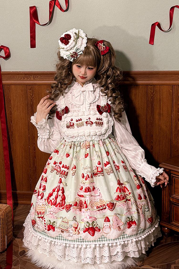 Mint Strawberry Dessert Print High Waisted Ruffle Bowknot Sweet Lolita JSK Dress 4 Colors - Product - 10