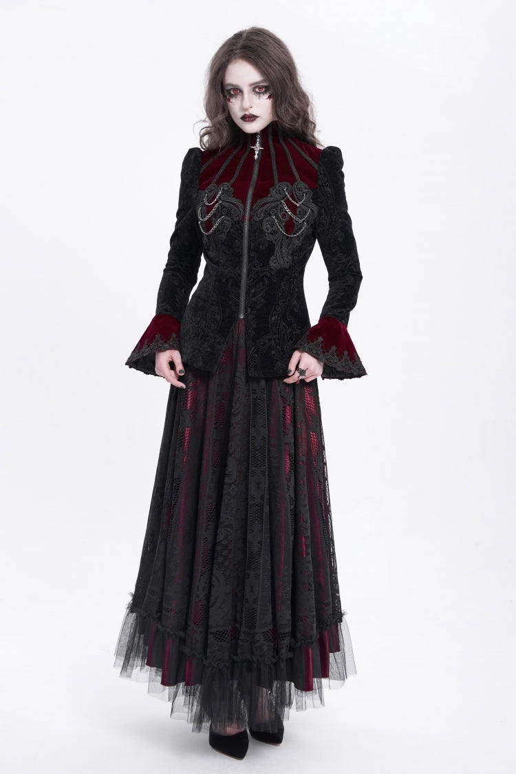 Black/Red Stand Collar Long Trumpet Sleeves Embroidery Women's Gothic Jacket - Product - 8