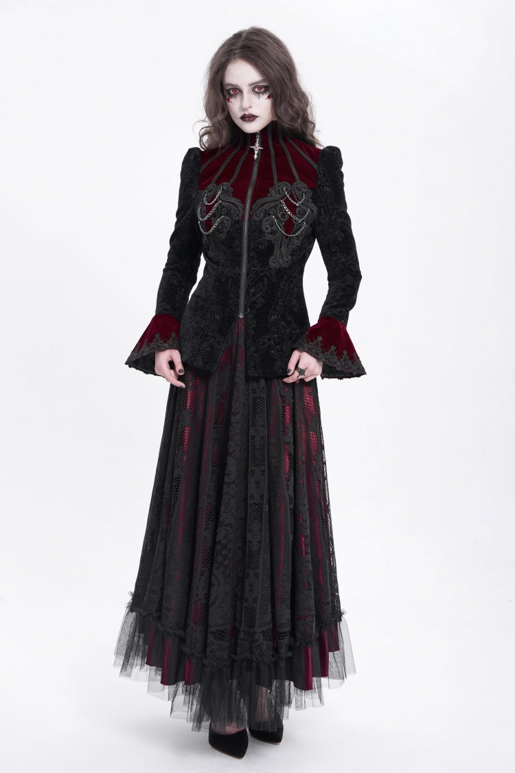 Black/Red Stand Collar Long Trumpet Sleeves Embroidery Women's Gothic Jacket - Product - 8