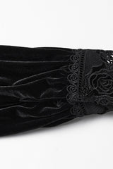 Black Stand Collar Long Puff Sleeves Floral Embroidered Lace-Up Women's Gothic Blouse - Product - 7
