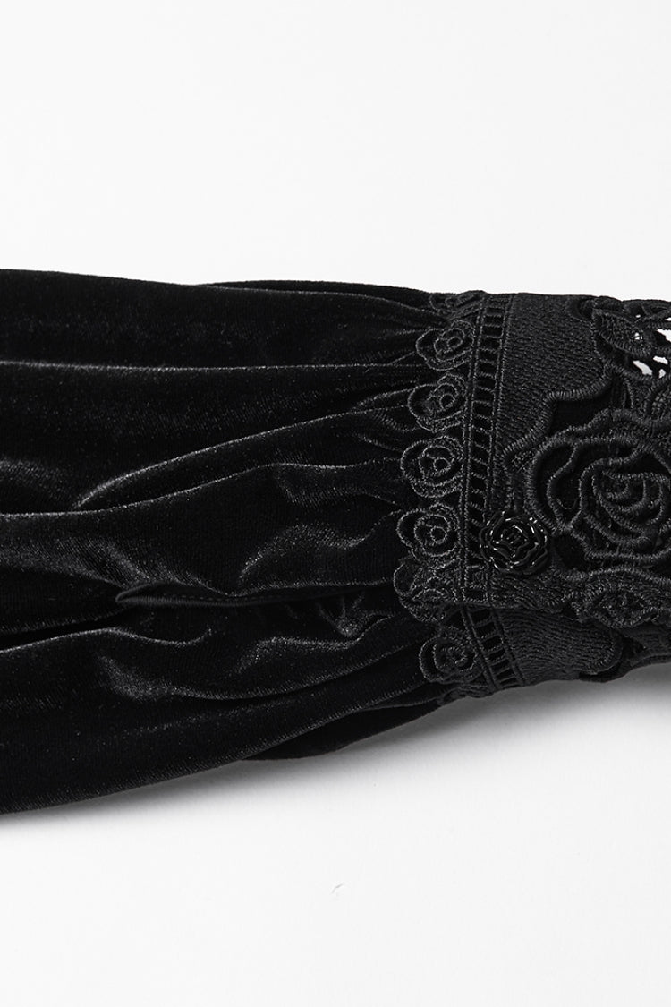 Black Stand Collar Long Puff Sleeves Floral Embroidered Lace-Up Women's Gothic Blouse - Product - 7