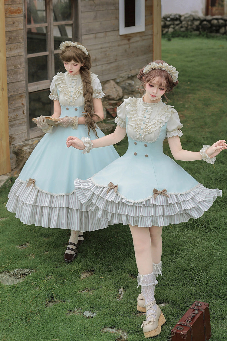 Blue [Sea Salt Snow Cap] Stand Collar Short Sleeves Petal Hem Ruffled Bow Sweet Lolita Dress Set 2 Versions - Product - 19