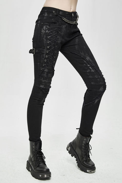 Black Punk Hand Painted Laced Up Legs Cool Womens Pants - Product - 3