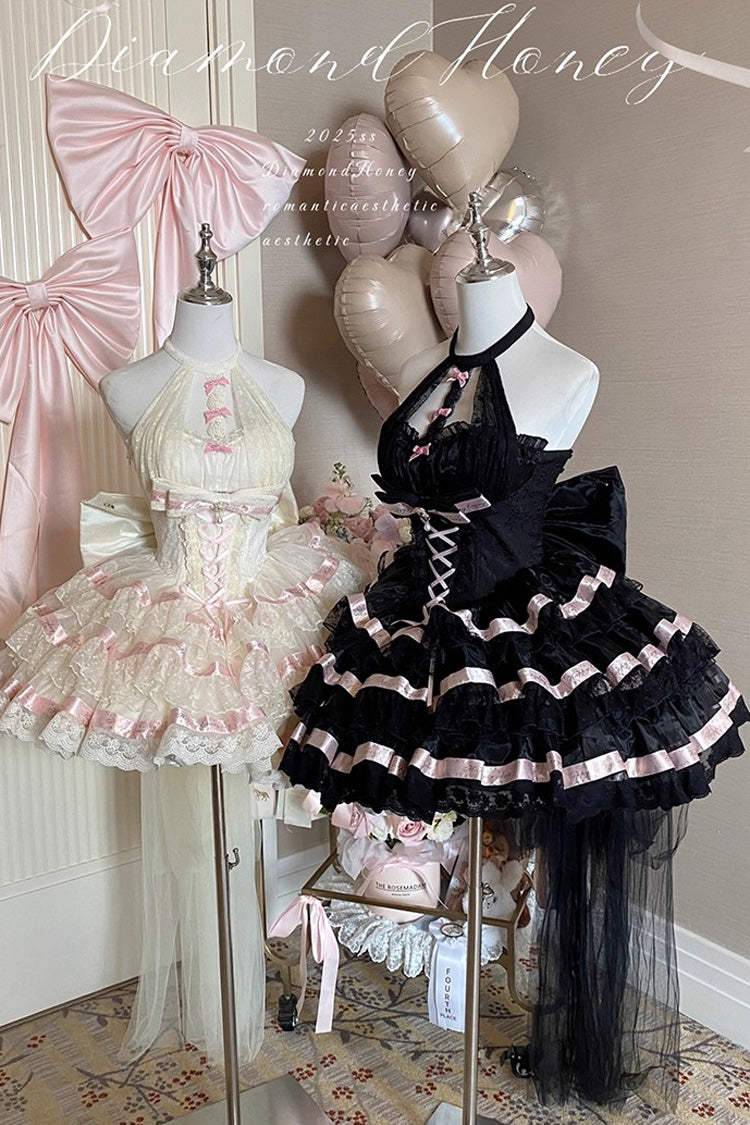 Black [Ballet Dream] Halterneck Triple-Layered Ruffle Bowknot Lace-Up Sweet Princess Lolita Dress - Product - 4