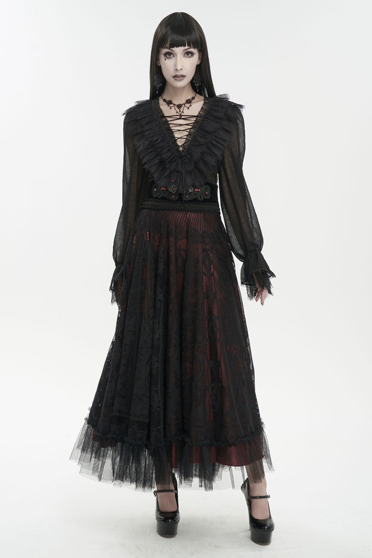 Black Thin Waist Plaid Stitching Layered Lace Long Sleeves Women's Gothic Shirt - Product - 2