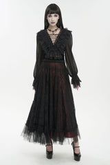 Black Thin Waist Plaid Stitching Layered Lace Long Sleeves Women's Gothic Shirt - Product - 2