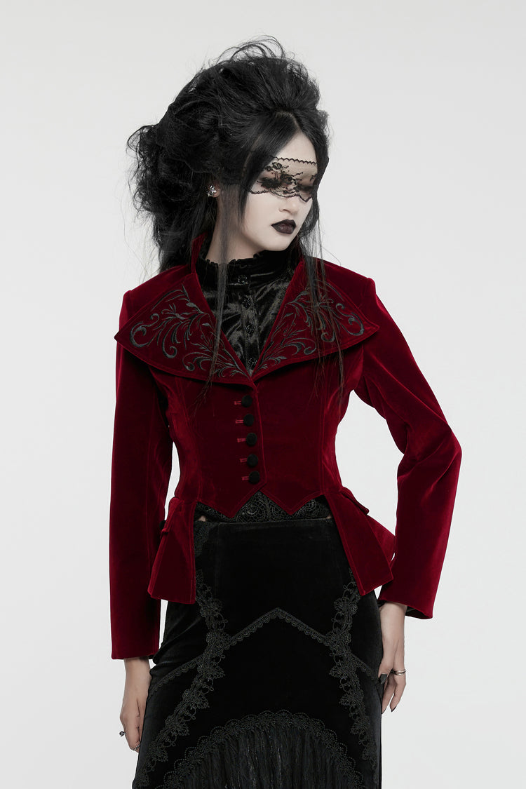 Red Swallow-tailed Velvet Long Sleeves Women's Gothic Jacket - Red - 1