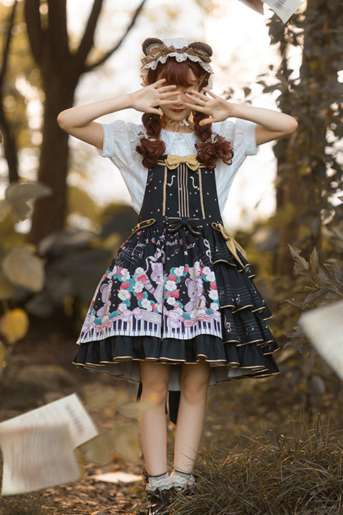Black Multi-Layer Ruffled Note Bear Print Sweet Lolita JSK Dress - Product - 2