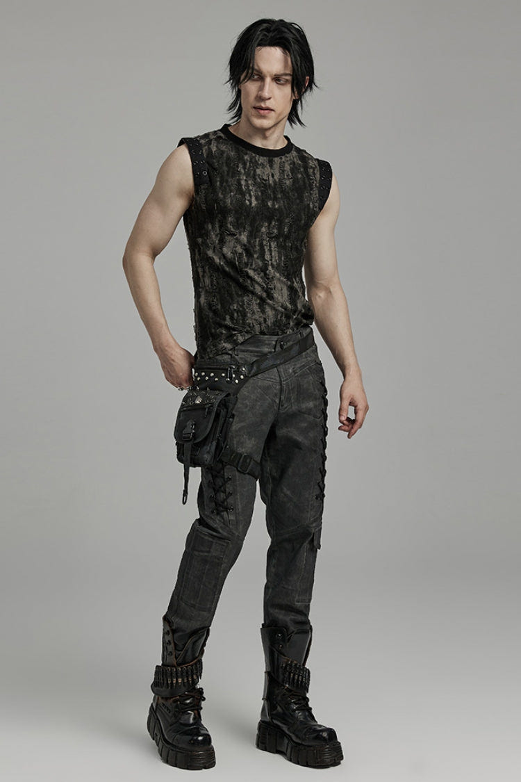 Black Lace-Up Straps  Big-pocket Men's Punk Pants - Product - 4