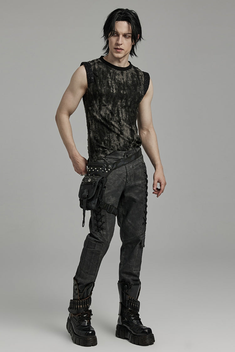 Black Lace-Up Straps  Big-pocket Men's Punk Pants - Product - 4