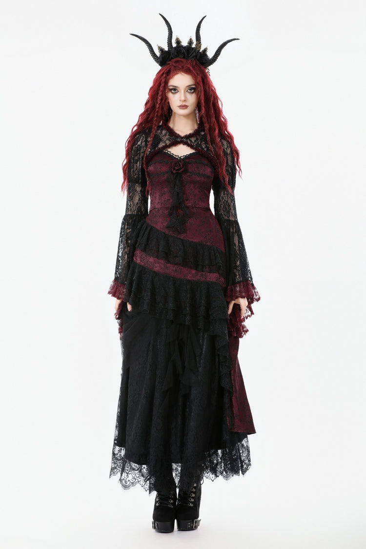 Black/Red Long Puff Flared Sleeves Floral Lace Women's Gothic Cape - Product - 6