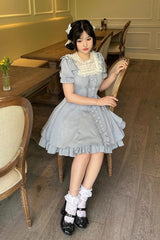 Light Blue Annie's Gift Short Sleeves Bowknot Short Version Sweet Lolita Dress (Plus Size Support) - Product - 7