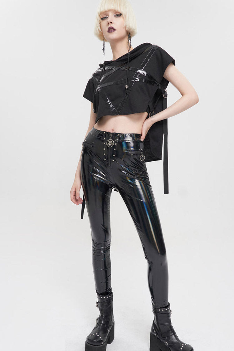 Black Short Front Long Back Stitched Shiny Leather Inverted Pentagram Shape Hoodie Short Sleeve Women's Punk T-Shirt - Product - 9