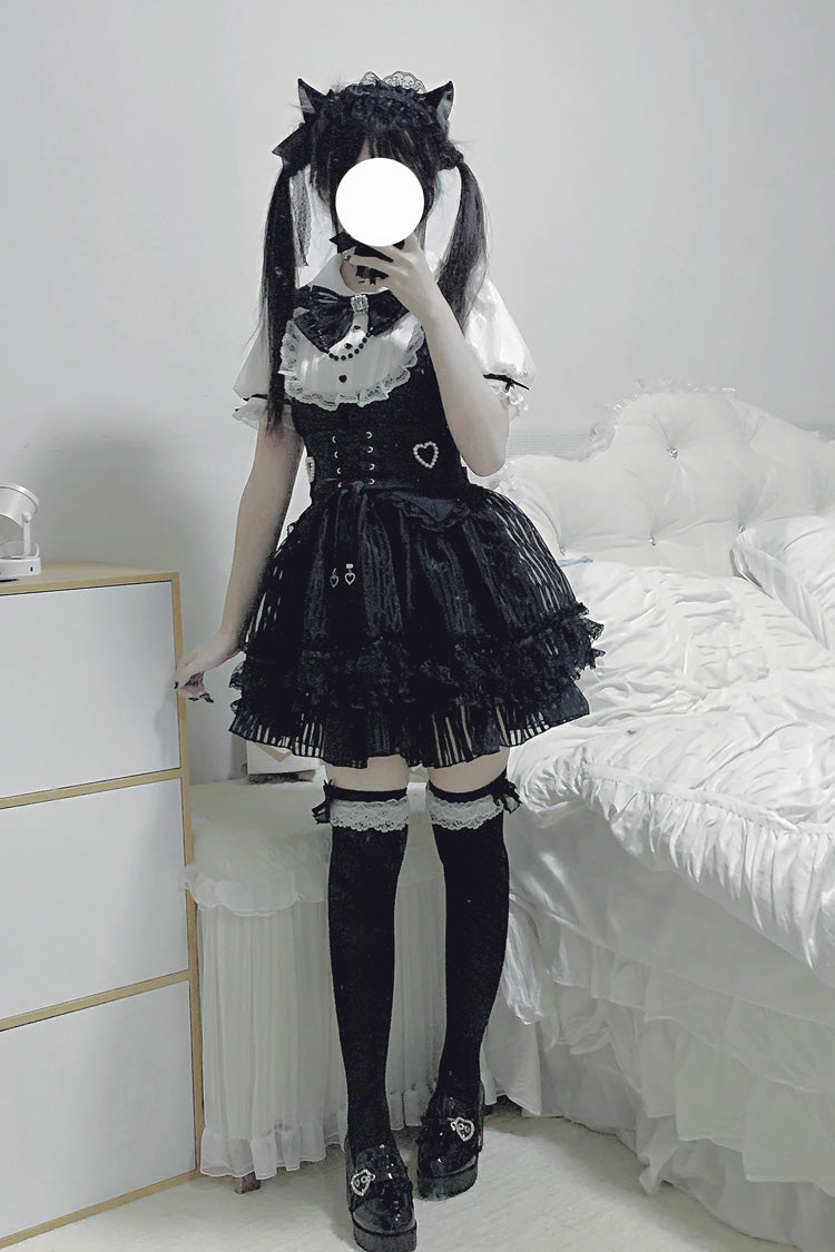 Black/White [Dream Night Song] Short Sleeves Stripe Print Bowknot Lace Gothic Jirai Kei Dress - Product - 5